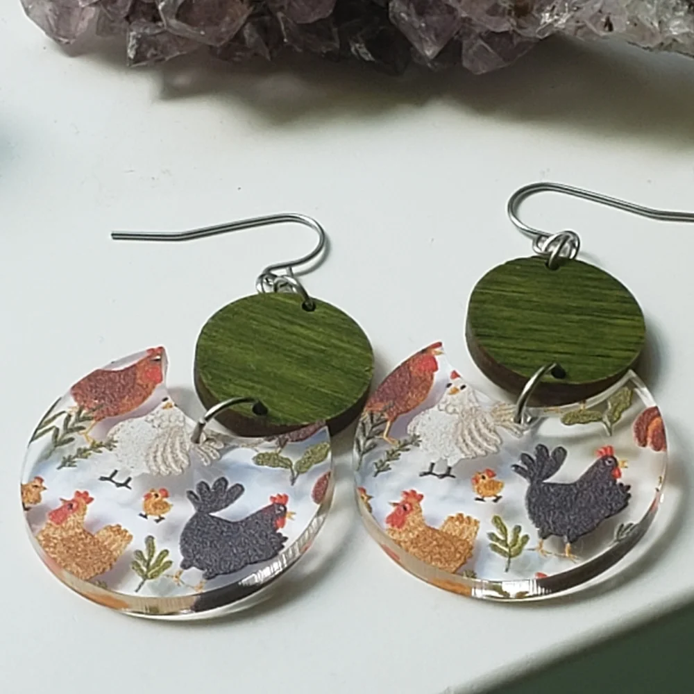 🐔 Chicken friends two-piece circular drop earrings 💚 - Picture 2 of 8